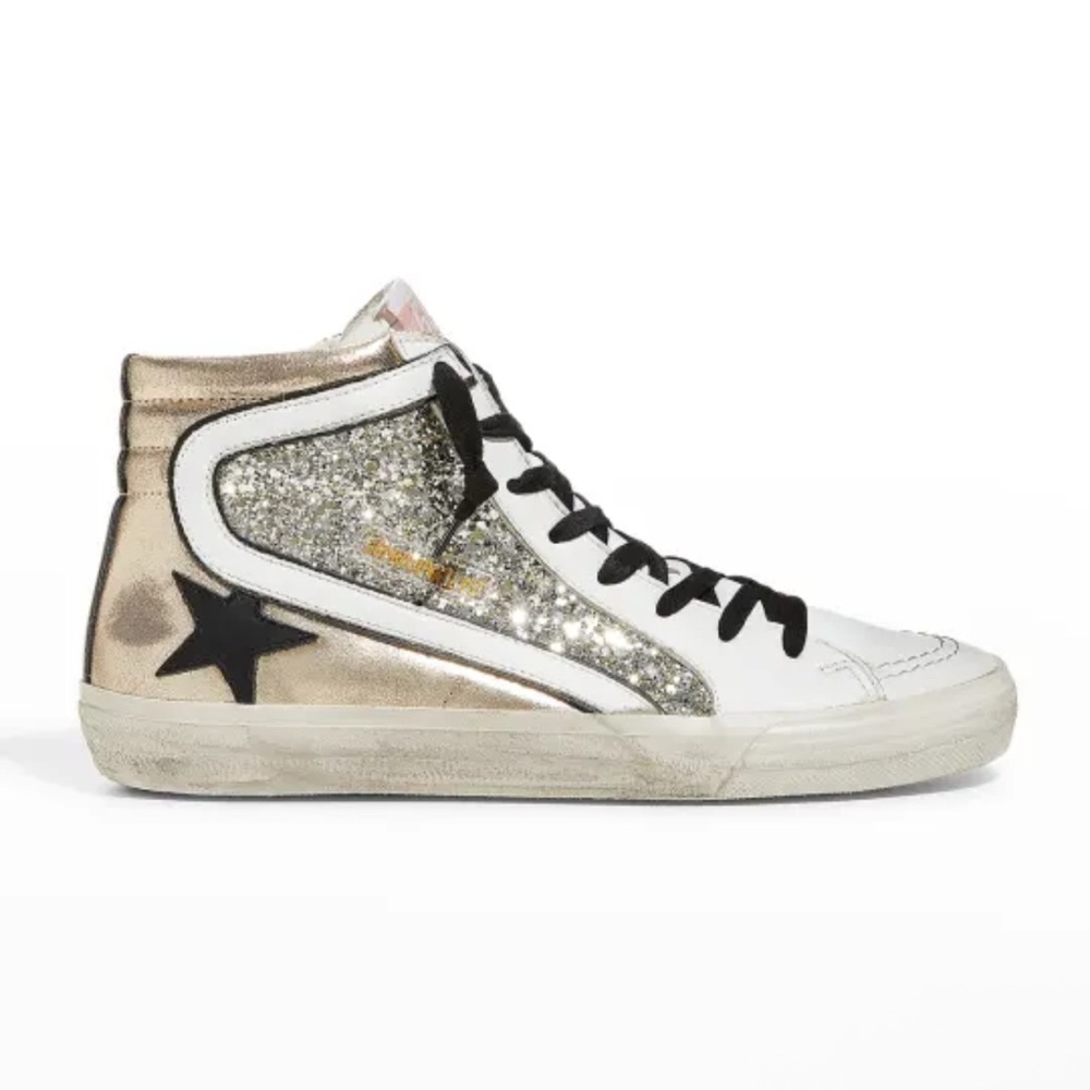 Golden Goose Gold and White Distressed Sneakers with Star Logo